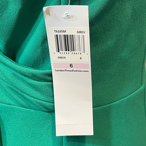 NWT London Times Cap Sleeve V-neck Green w/Ruffle Faux Wrap Skirt Dress- 6 - Picture 9 of 10